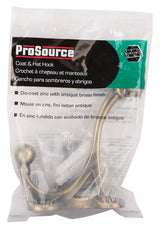 ProSource H-014-AB Coat and Hat Hook, 33 lb, 2-Hook, 1-1/2 in Opening, Zinc, Antique Brass