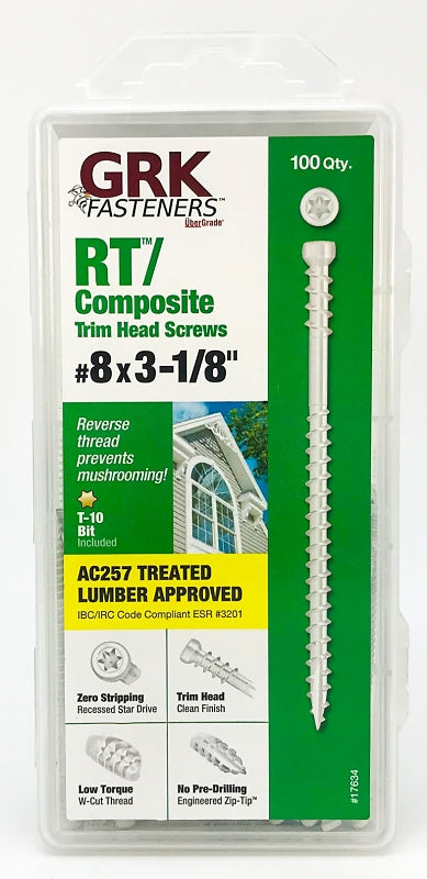GRK Fasteners RT Series 17634 Screw, #8 Thread, 3-1/8 in L, Reverse Thread, Trim Head, Star Drive, Steel, White, 100/PK