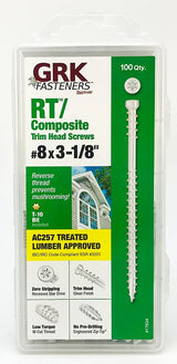 GRK Fasteners RT Series 17634 Screw, #8 Thread, 3-1/8 in L, Reverse Thread, Trim Head, Star Drive, Steel, White, 100/PK