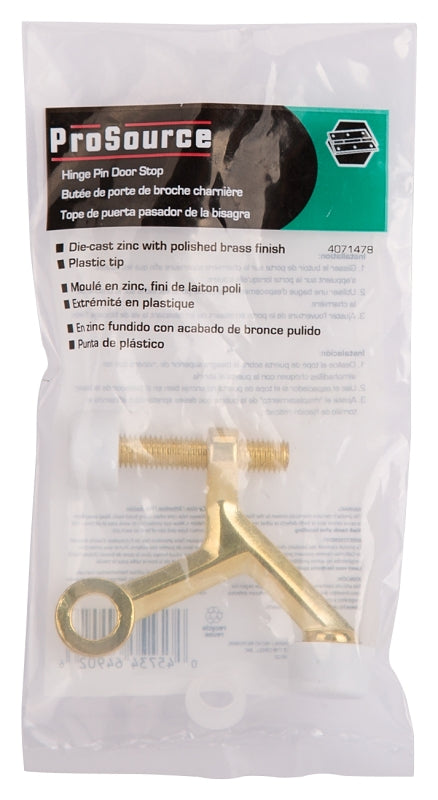 ProSource H20-B020-PS Light-Duty Hinge Pin Door Stop, 2-1/4 in Projection, Die-Cast Zinc & Plastic, Brass
