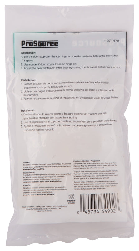 ProSource H20-B020-PS Light-Duty Hinge Pin Door Stop, 2-1/4 in Projection, Die-Cast Zinc & Plastic, Brass