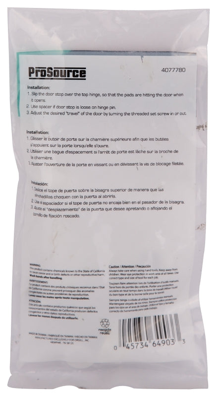 ProSource H20-B029-PS Light-Duty Hinge Pin Door Stop, 2-1/4 in Projection, Die-Cast Zinc & Plastic, White