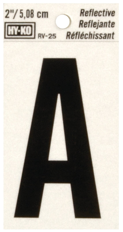 Hy-Ko RV-25/A Reflective Letter, 1-1/2 in W x 3 in H Dimensions, Character: A, 2 in H Character, Black Character, Vinyl, Pack of 10