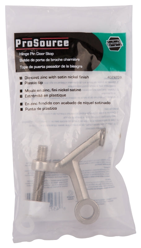 ProSource H20-B023-PS Light-Duty Hinge Pin Door Stop, 2-1/4 in Projection, Die-Cast Zinc & Plastic, Satin Nickel