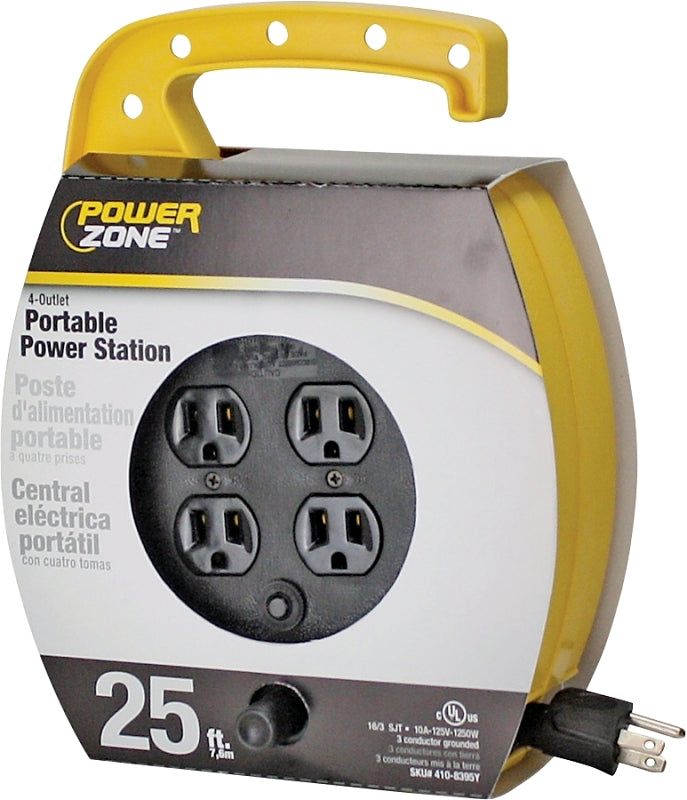 PowerZone ORCR220625 Cord Reel, 25 ft L Cord, 16 AWG Wire, 4-Socket, NEMA 5-15R Socket, NEMA 5-15P Plug, 125 V