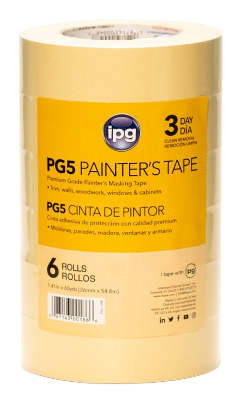 IPG PG5...129R Masking Tape, 6.3 mil Thick, 30 in-oz Adhesion, 60 yd L, 1.41 in W, Paper Backing, Beige