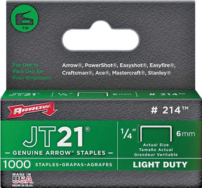 Arrow JT21 Series 214 Staple, 1/4 in W Crown, 1/4 in L Leg, Steel, Galvanized, 0.03 ga, Pack of 5