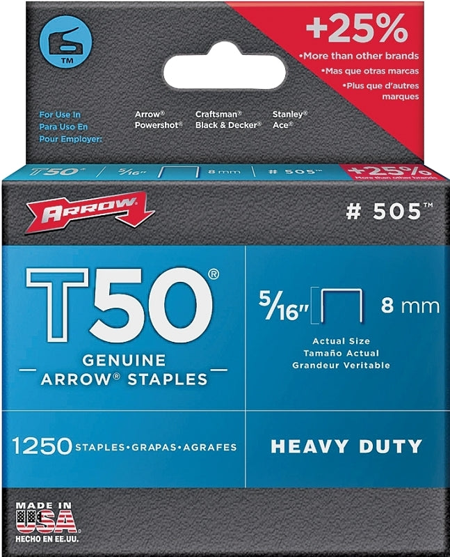 Arrow T50 Series 50524 Staple, 3/8 in W Crown, 5/16 in L Leg, Steel, Pack of 4