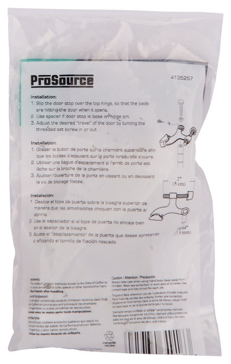 ProSource H20-B043-PS Deluxe Hinge Pin Door Stop, 2-5/8 in Projection, Die-Cast Zinc & Plastic, Satin Nickel