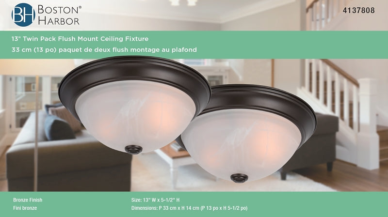 Boston Harbor F51WH02-1006-ORB Flush-Mount Ceiling Fixture, 120 V, 60 W, CFL Lamp, Bronze Fixture, Pack of 2