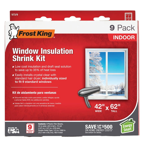 Frost King V73/9H Indoor Shrink Window Kit, 42 in W, 0.75 mil Thick, 5.2 ft L, Plastic, Clear, 9/PK