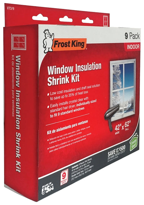 Frost King V73/9H Indoor Shrink Window Kit, 42 in W, 0.75 mil Thick, 5.2 ft L, Plastic, Clear, 9/PK