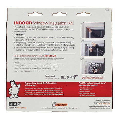 Frost King V73/9H Indoor Shrink Window Kit, 42 in W, 0.75 mil Thick, 5.2 ft L, Plastic, Clear, 9/PK