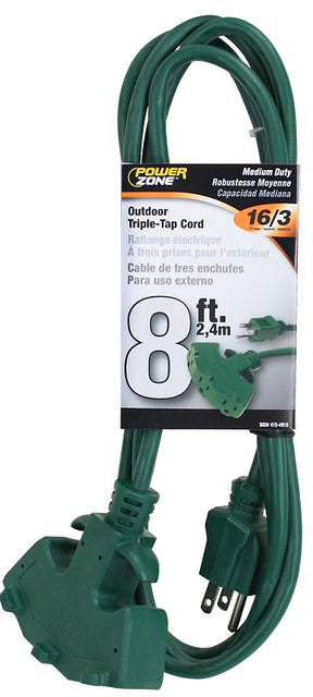 PowerZone ORY605608 Extension Cord, 16 AWG Cable, 8 ft L, 5-15P Grounded Plug Plug, 3-Socket, 13 A, 125 V, Green
