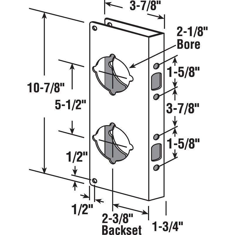 Prime-Line U 9537 Lock and Door Reinforcer, 2-3/8 in Backset, 1-3/4 in Thick Door, Brass, 10-7/8 in H, 3-7/8 in W