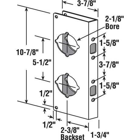 Prime-Line U 9537 Lock and Door Reinforcer, 2-3/8 in Backset, 1-3/4 in Thick Door, Brass, 10-7/8 in H, 3-7/8 in W