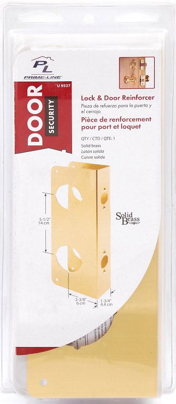 Prime-Line U 9537 Lock and Door Reinforcer, 2-3/8 in Backset, 1-3/4 in Thick Door, Brass, 10-7/8 in H, 3-7/8 in W