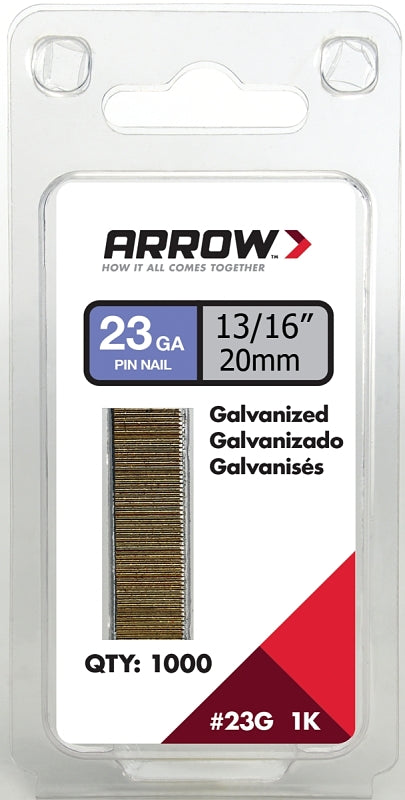 Arrow 23G20-1K Pin Nail, 13/16 in L, 23 Gauge, Galvanized Steel, Round Shank