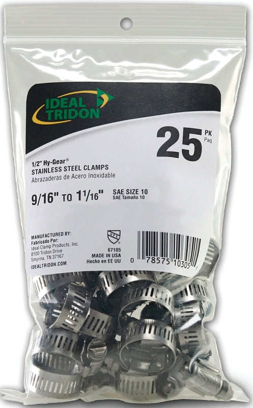 Ideal-Tridon Hy-Gear 67-6 Series 6710550 Worm Gear Hose Clamp, #10, 1/2 to 1-1/16 in, Stainless Steel