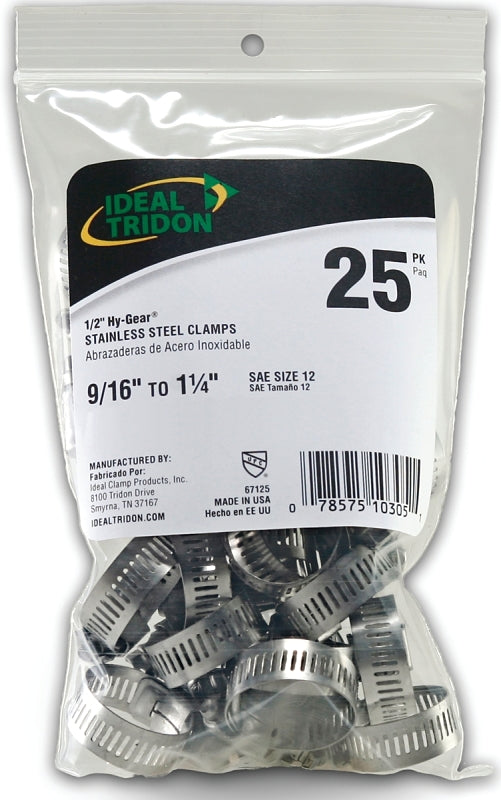 Ideal-Tridon Hy-Gear 67-6 Series 6712550 Worm Gear Hose Clamp, #12, 1/2 to 1-1/4 in, Stainless Steel