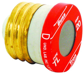 Bussmann TL-20 Plug Fuse, 20 A, 125 V, 10 kA Interrupt, Plastic Body, Time Delay Fuse, Low Voltage