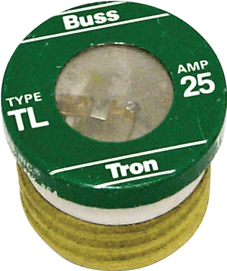 Bussmann TL-25 Plug Fuse, 25 A, 125 V, 10 kA Interrupt, Plastic Body, Time Delay Fuse, Low Voltage