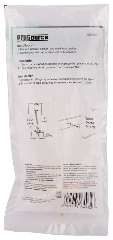ProSource H20-Z020-PS Heavy-Duty Rigid Door Stop, 3-1/8 in Dia Base, 3-1/8 in Projection, Die-Cast Zinc & Plastic