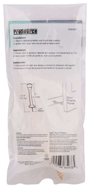 ProSource CL-208P-PB-PS Heavy-Duty Rigid Door Stop, 1 in Dia Base, 3 in Projection, Die-Cast Zinc & Plastic