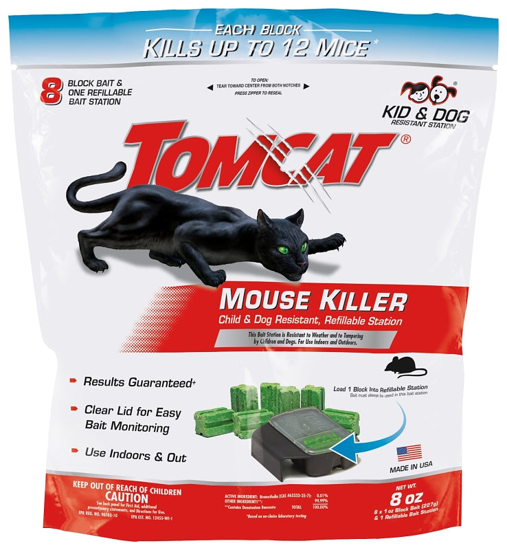 Tomcat 0372010 Mouse Bait Station Refill, 8-1/4 in W, 8-1/2 in H, 8 oz Bait, Plastic, Black