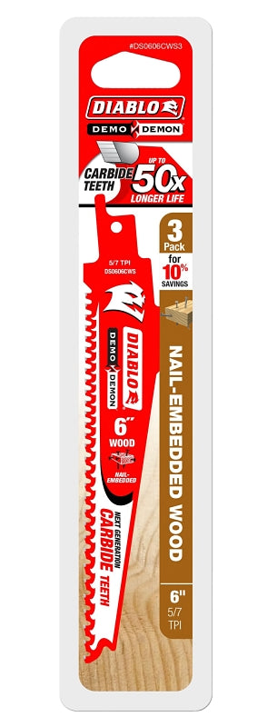 Diablo DS0606CWS3 Reciprocating Saw Blade, Applicable Materials: Nail-Embedded Wood, 1 in W, 6 in L, 6/9 TPI, 45-Teeth