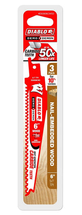 Diablo DS0606CWS3 Reciprocating Saw Blade, Applicable Materials: Nail-Embedded Wood, 1 in W, 6 in L, 6/9 TPI, 45-Teeth