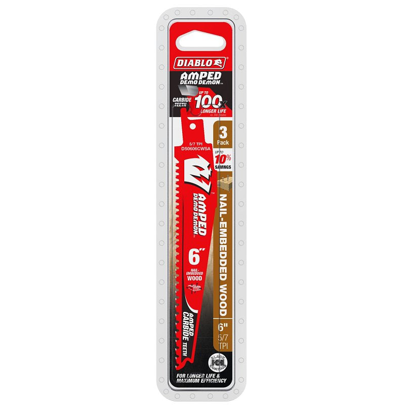 Diablo AMPED Demo Demon DS0606CWSA3 Reciprocating Saw Blade, 6 in L, 5, 7 TPI, Carbide Cutting Edge