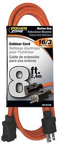 PowerZone OR501608 Extension Cord, 16 AWG Cable, 5-15P Grounded Plug, 5-15R Grounded Receptacle, 8 ft L, 125 V