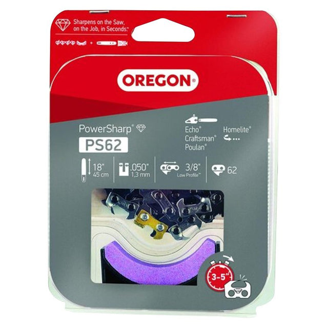 Oregon PS62 Replacement Chain with Sharpening Stone, 18 in L Bar, 0.05 Gauge, 3/8 in TPI/Pitch, 62-Link