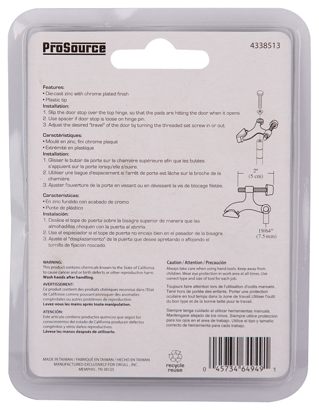 ProSource H20-B042C-PS Deluxe Hinge Pin Door Stop, 2-5/8 in Projection, Die-Cast Zinc & Plastic, Chrome