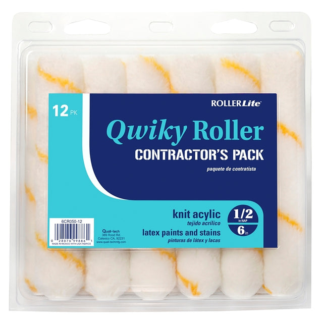RollerLite Qwiky 6CR050Q-12 Mini Roller Cover, Gold/White, 1/2 in Thick Nap, 6 in L, Acrylic Cover, 12/PK