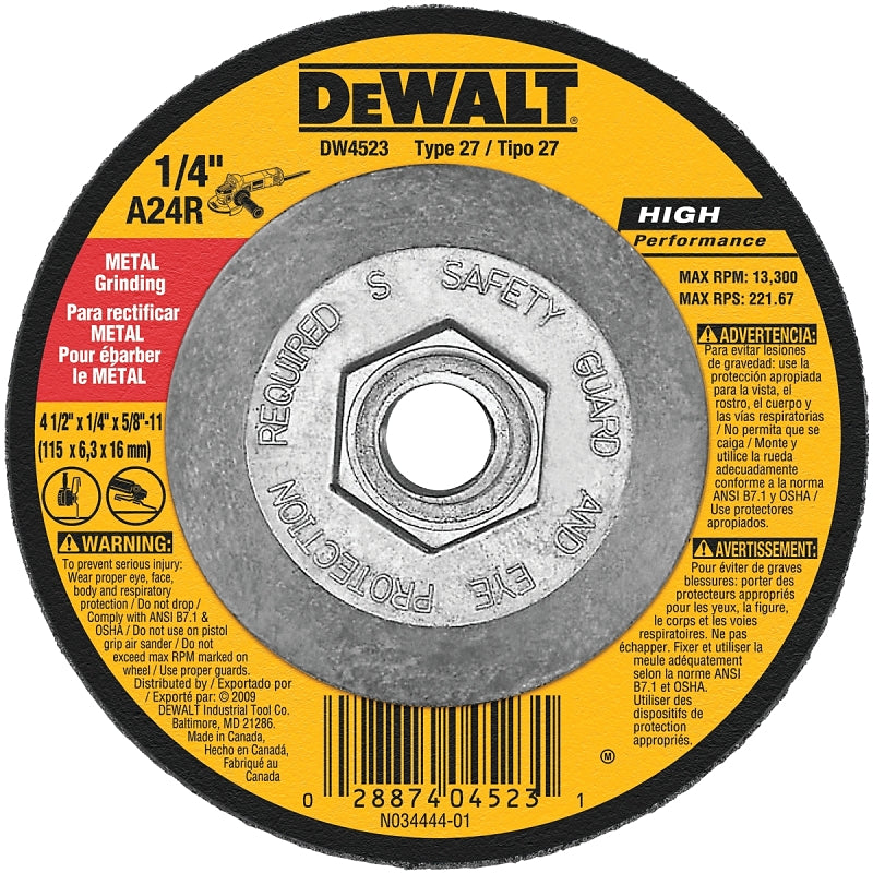 DEWALT DW4523 Grinding Wheel, 4-1/2 in Dia, 1/4 in Thick, 5/8-11 Arbor, 24 Grit, Very Coarse, Aluminum Oxide Abrasive