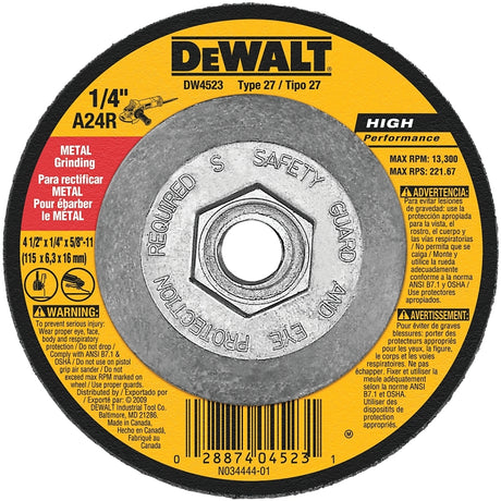 DEWALT DW4523 Grinding Wheel, 4-1/2 in Dia, 1/4 in Thick, 5/8-11 Arbor, 24 Grit, Very Coarse, Aluminum Oxide Abrasive