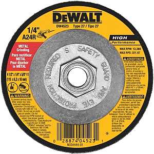 DEWALT DW4523 Grinding Wheel, 4-1/2 in Dia, 1/4 in Thick, 5/8-11 in Arbor, 24 Grit, Very Coarse, Aluminum Oxide Abrasive