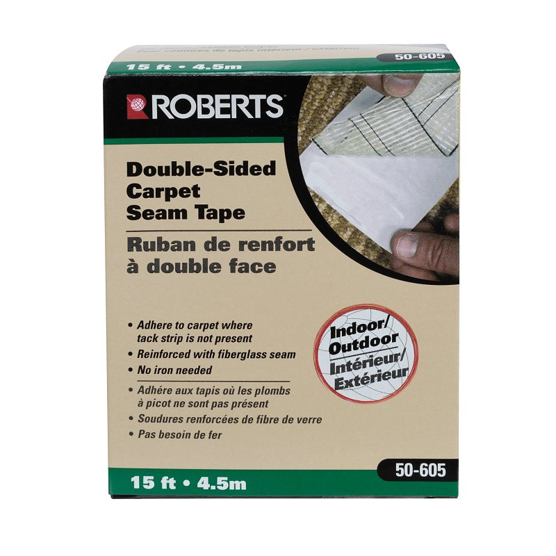 Roberts 50-605-12 Carpet Tape, 15 ft L, 3 in W, Carpet/Vinyl Backing, White
