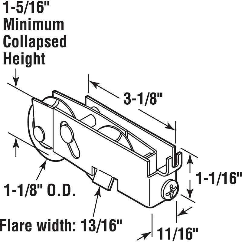 Prime-Line D 1551 Roller Assembly, 1-1/8 in Dia Roller, 5/16 in W Roller, Steel, 2-Roller, C-Tab Mounting