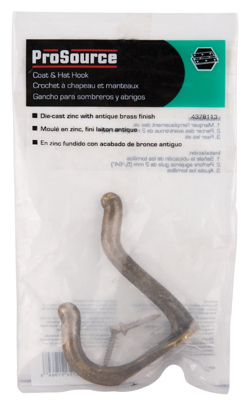 ProSource H62-B071 Coat and Hat Hook, 22 lb, 2-Hook, 1 in Opening, Zinc, Antique Brass