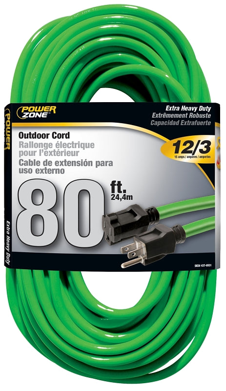 PowerZone ORN512833 Extension Cord, 12 AWG Cable, 80 ft L, 15 A, 125 V, Neon Green