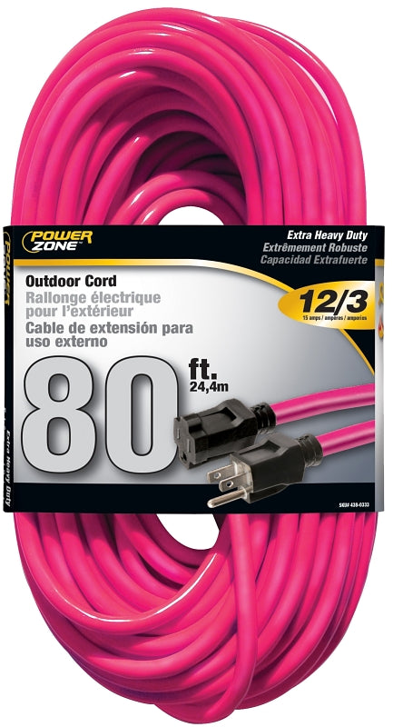 PowerZone ORN513833 Extension Cord, 12 AWG Cable, 80 ft L, 15 A, 125 V, Neon Pink