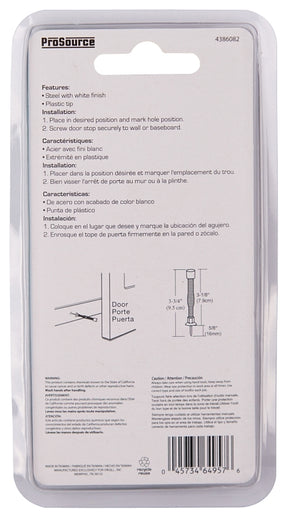 ProSource H61-Z015C-PS Light-Duty Door Stop, 3/4 in Dia Base, 3 in Projection, Plastic & Steel, White