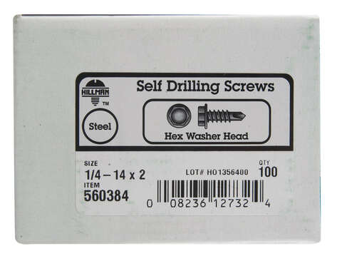 HILLMAN 1/4-14 Sizes X 2 in. L Hex Hex Washer Head Sheet Metal Screws 100 pk
