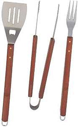 Omaha SBQ318-3-B Barbecue Tool Set with Handle and Hanger, 1.5 mm, Stainless Steel Blade, Stainless Steel, Wood Handle