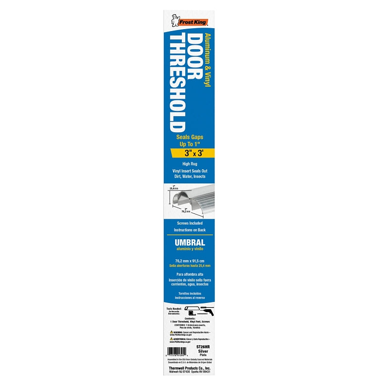 Frost King ST26HRA Top Threshold, 36 in L, 3 in W, Aluminum/Vinyl, Silver