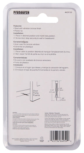 ProSource H61-Z019C-VB-PS Light-Duty Door Stop, 3/4 in Dia Base, 3 in Projection, Plastic & Steel, Venetian Bronze