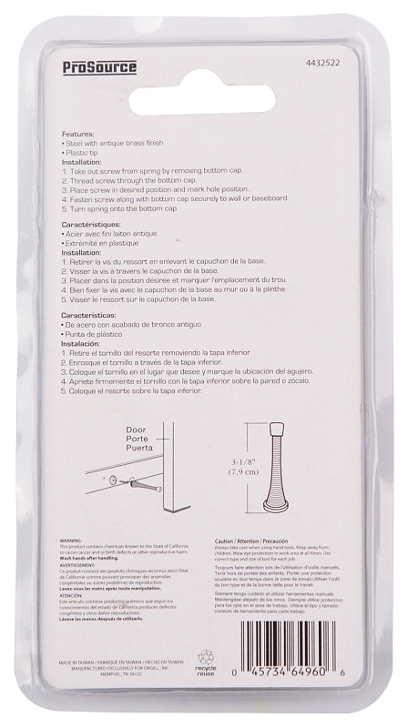 ProSource H62-B041C-PS Heavy-Duty Spring, 15/16 in Dia Base, 3-1/8 in Projection, Plastic & Steel, Antique Brass